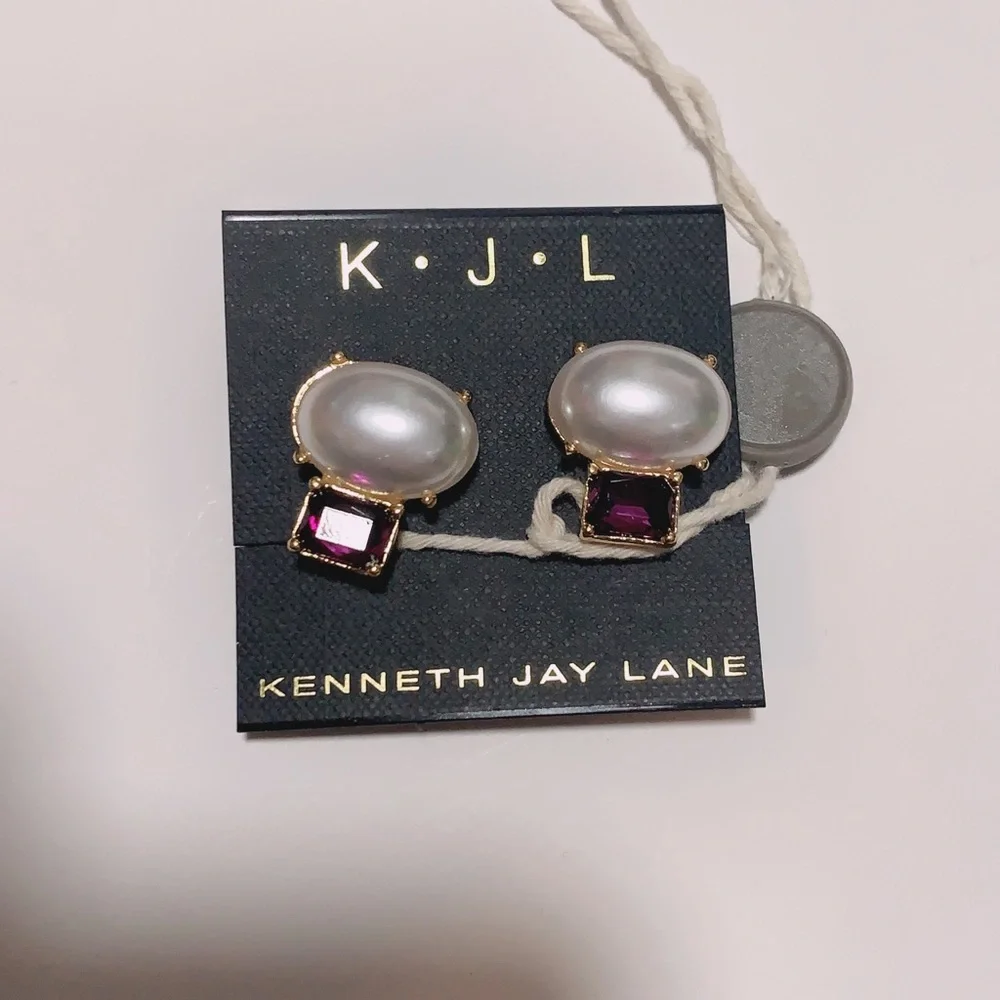 NWT Kenneth Jay Lane Purple Amethyst Crystal Pearl Clip On Earring - Picture 8 of 10